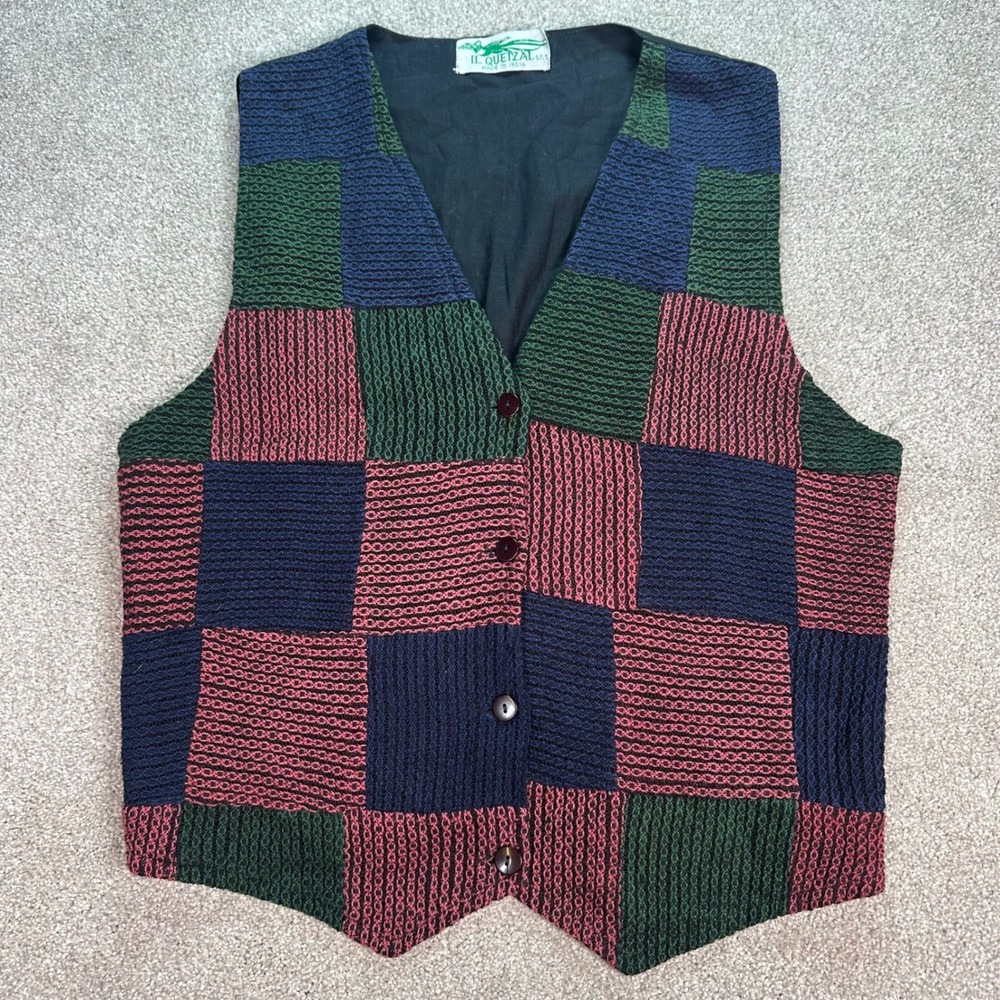 IL Quetzal Patchwork Vest Women's‎ V-Neck Button Front Boho Casual Outerwear